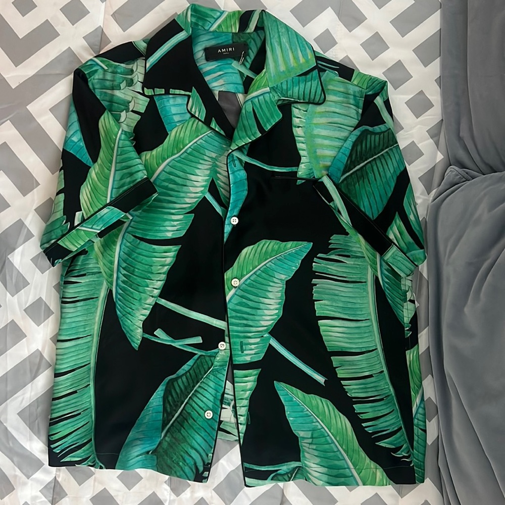 AMIRI Banana Leaves Printed Silk Bowling Shirt In Black & Green.  #Authentic